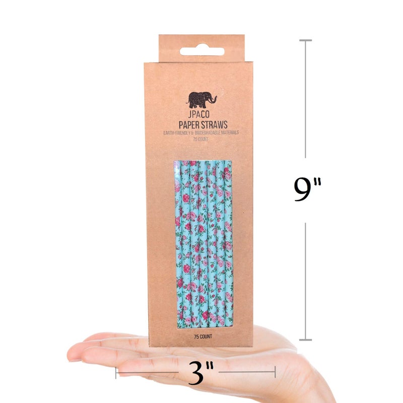 JPACO 75-Pack Eco-Friendly Biodegradable Paper Straws - Vintage Rose & Floral Design in Pink, Blue, Yellow - Disposable Straws for Parties By JPACO - Image 5